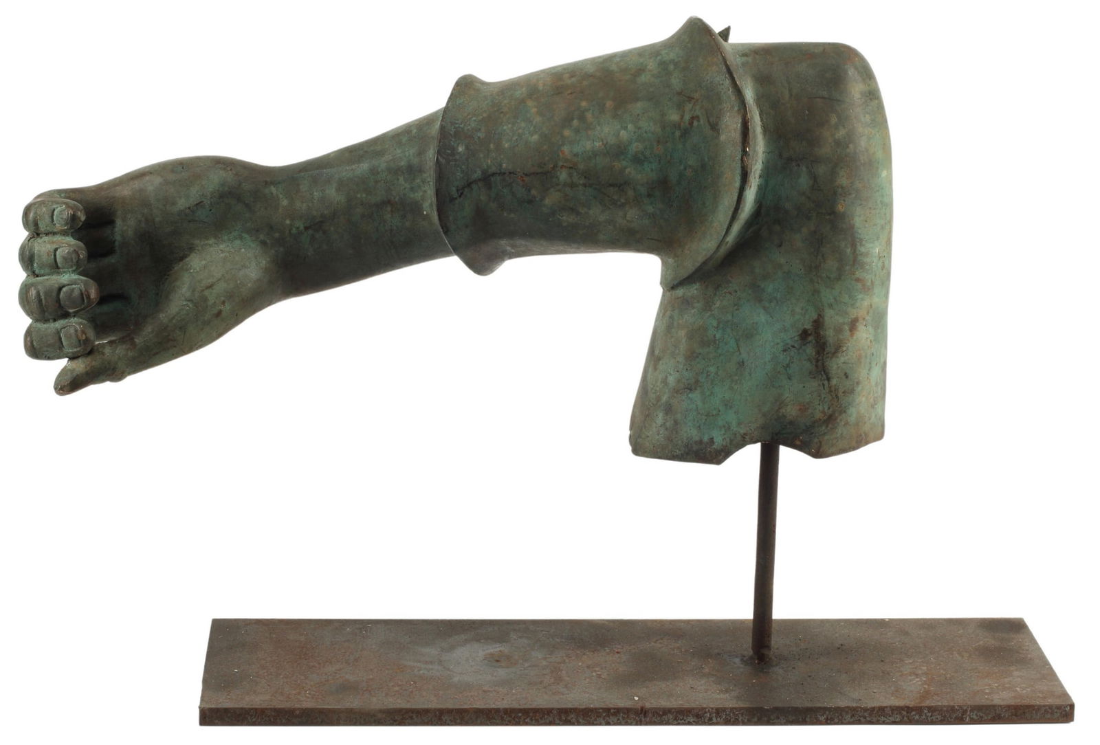 BRONZE SCULPTURAL FRAGMENT OF AN ARM ON IRON BASE (1 of 5)
