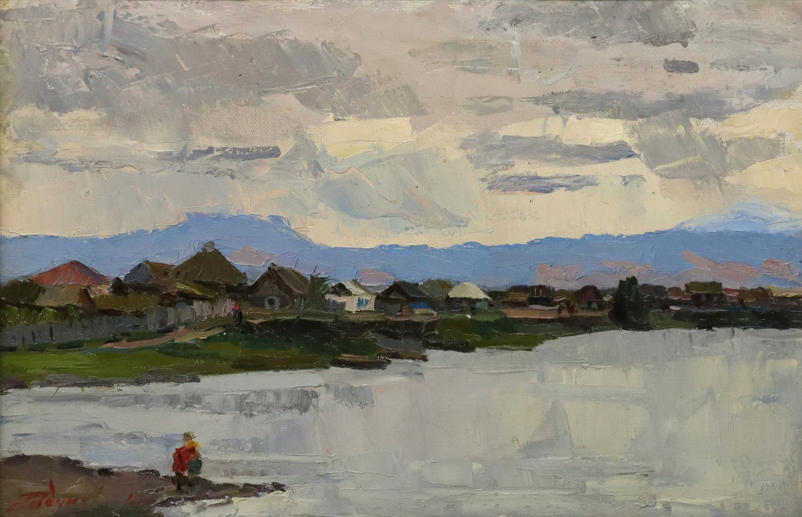 ALEXANDER FEDOROVICH GODUNOV (D.2002) LANDSCAPE: Framed oil on canvas painting, Village of Shushenskoye, signed lower left, Alexandre Fedorovich Godunov (Ukrainian, 1916-2002), dated [19]65, Austin Galleries label verso, sight: approx 15"h, 23"w, ov