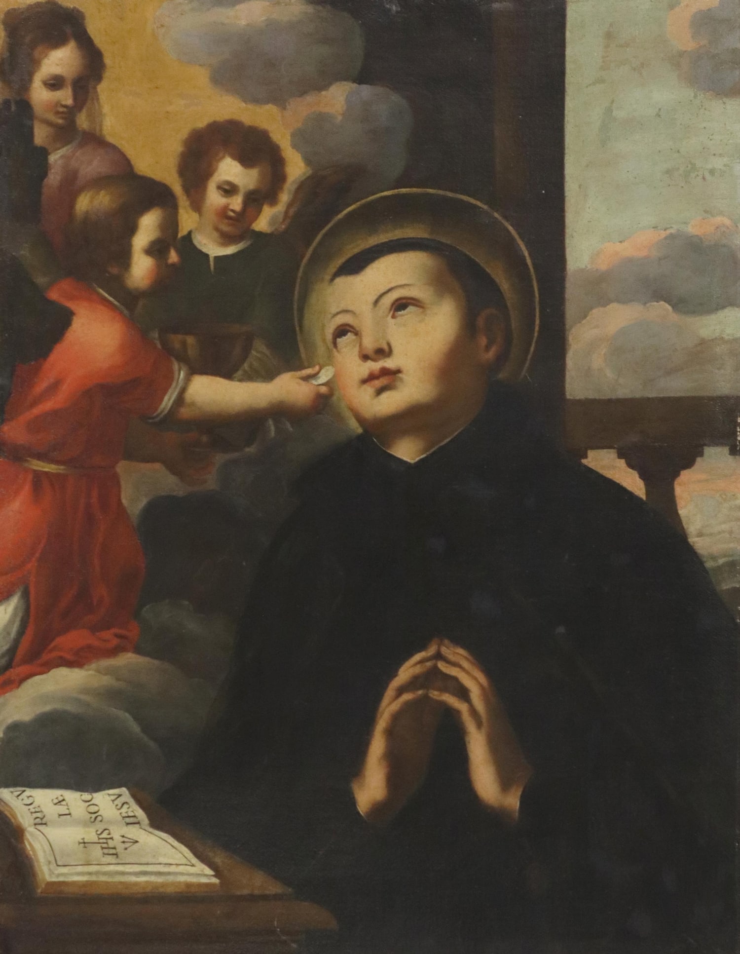 FRAMED PAINTING COMMUNION OF ST STANISLAUS KOSTKA: Framed oil on canvas painting, depicting Saint Stanislaus Kostka/ San Estanislao Kostka, 19thc. wearing Jesuit cassock, in adoration of the Holy Eucharist, receiving host and chalice from two ang