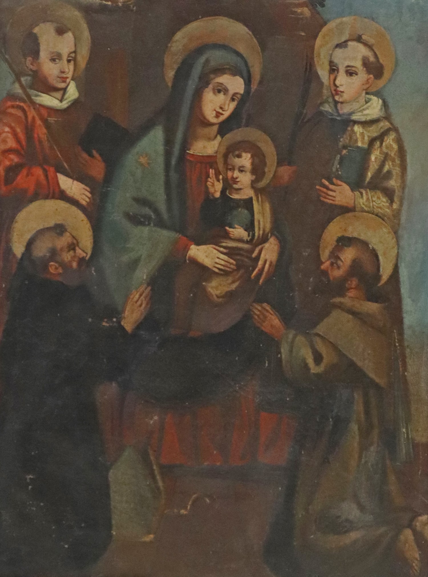 FRAMED OIL PAINTING ADORATION OF SAINTS: Framed oil on canvas painting, Adoration of the Virgin Mary and Infant Christ with Saints, relined, UV examination reveals evidence of inpainting, sight: approx 22.75"h, 17"w, overall: 30.75"h, 25.25"
