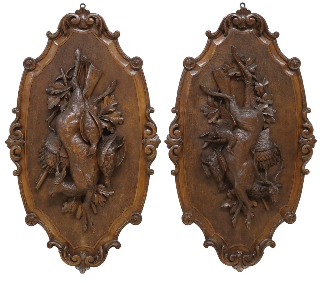 (2) LARGE BLACK FOREST CARVED WALNUT GAME TROPHIES (1 of 2)