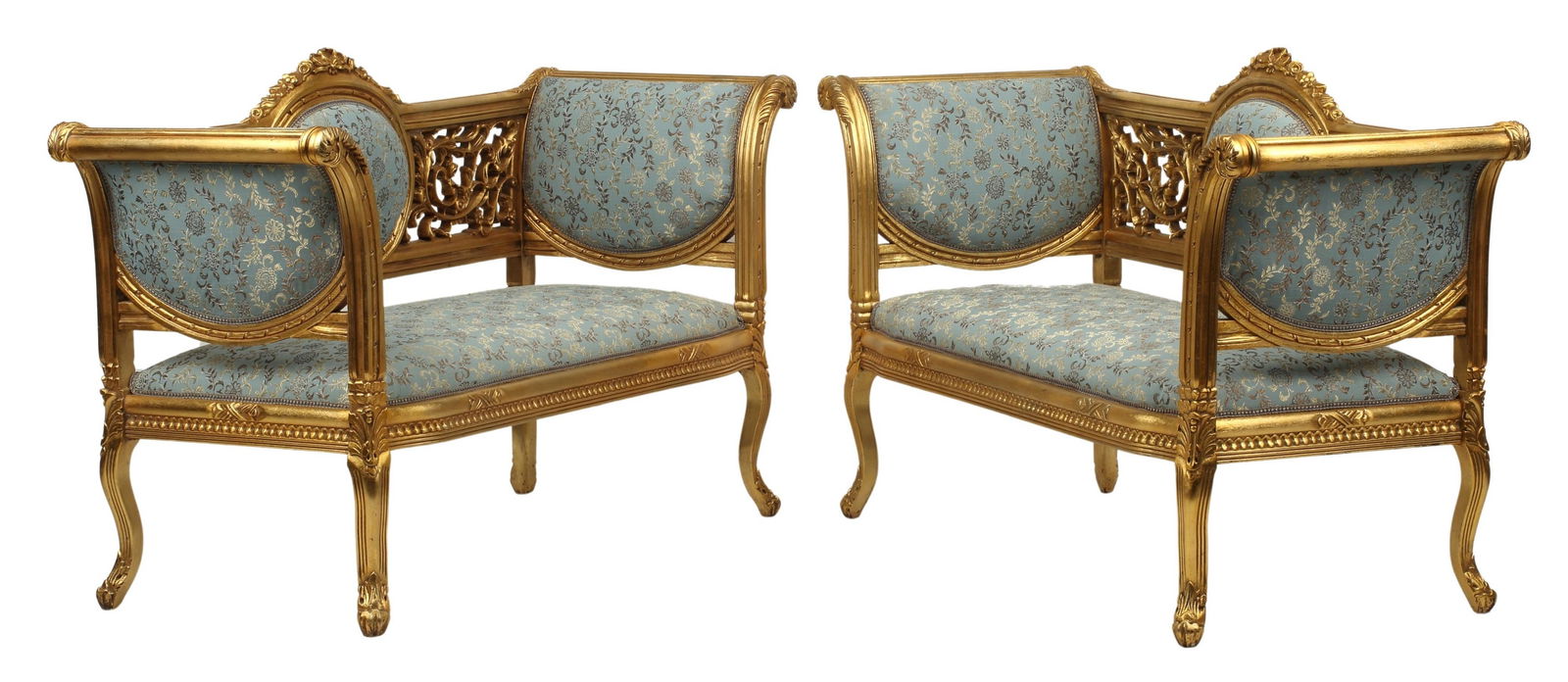 (2) LOUIS XV STYLE GILT & UPHOLSTERED SETTEES: (pair) Louis XV style gilt settees/ sofas, upholstered back and seat, on cabriole legs, approx 34.5"h, 70"w, 23.5"d Start Price: $800.00 **NOTE: ALL JEWELRY LOTS REALIZING OVER $1,000 MUST BE PAID BY