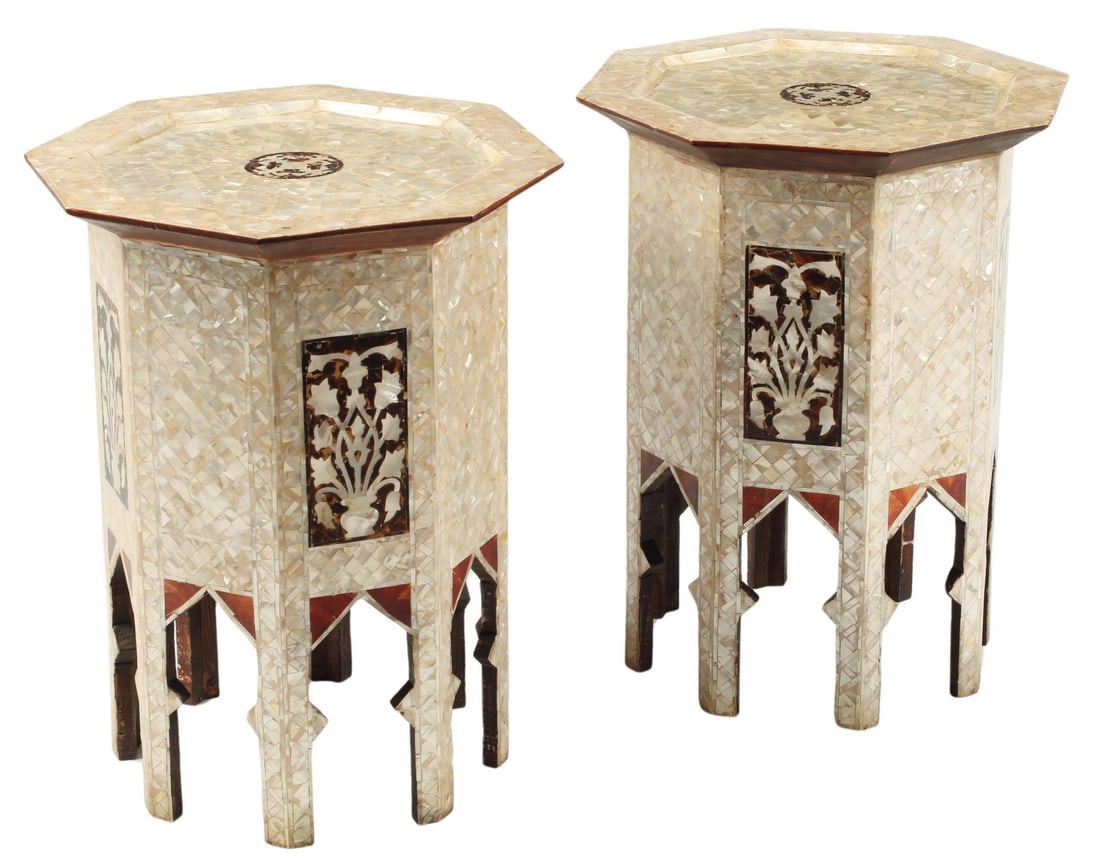 (2) MOORISH STYLE MOP SHELL-INLAID PEDESTAL TABLES (1 of 3)