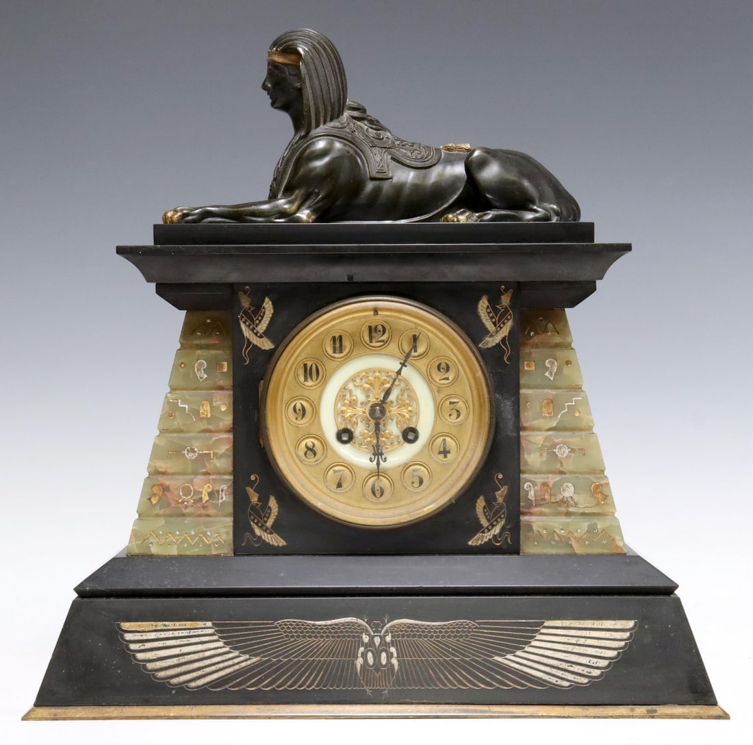 FRENCH EGYPTIAN REVIVAL ONYX & BRONZE MANTEL CLOCK (1 of 8)