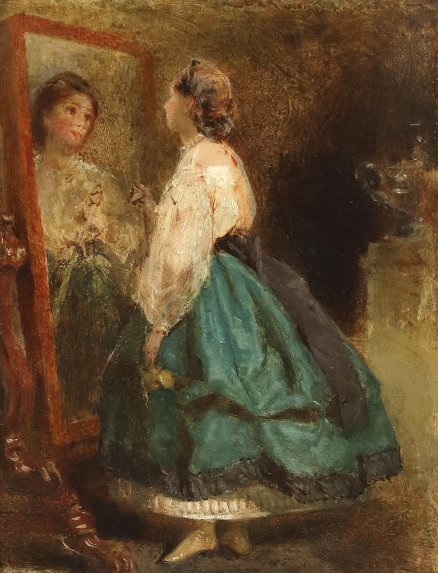 BRITISH SCHOOL OIL PAINTING LADY AT CHEVAL MIRROR (1 of 4)