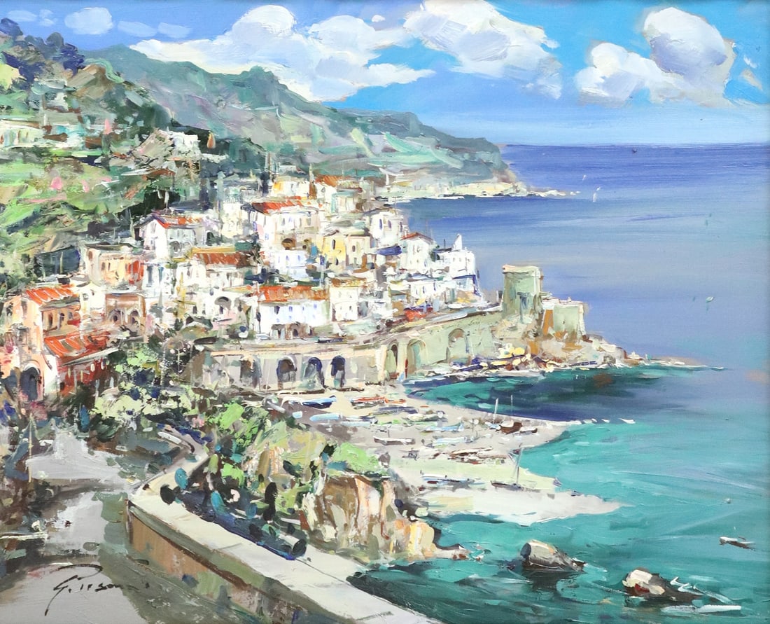 GINO PISANI (B.1967) OIL PAINTING AMALFI COAST: Framed oil on canvas painting, Amalfi Coast, Italy, signed lower left and verso G. Pisani (Gino Pisani, Italian, b.1967), sight: approx 15 3/8"h, 19"w, overall: 20 3/8"h, 24"w, 6.75lbs Start Price: $2