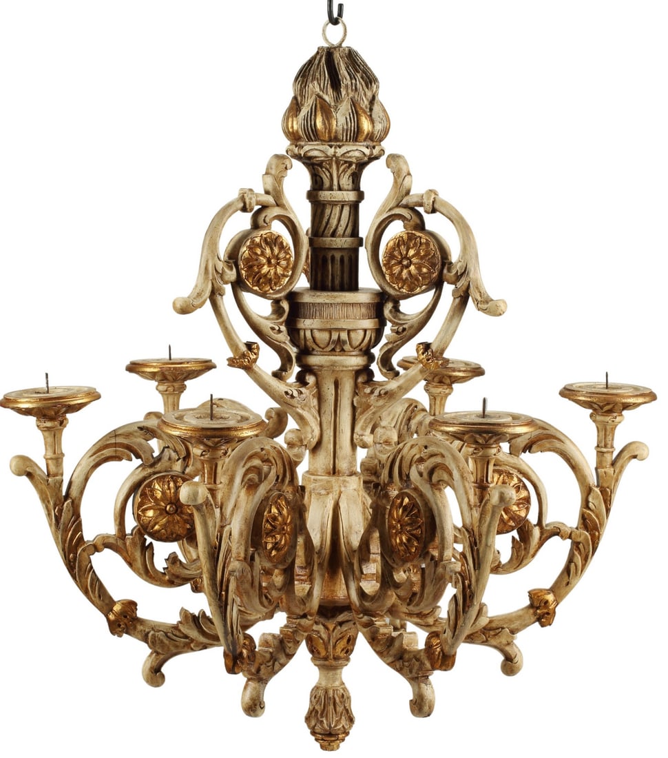 PARCEL GILT & PAINTED WOOD CANDLE CHANDELIER: Italian parcel gilt and painted wood candle chandelier, not electrified, approx 39"h, 38"diam Start Price: $300.00 **NOTE: ALL JEWELRY LOTS REALIZING OVER $1,000 MUST BE PAID BY BANK WIRE**