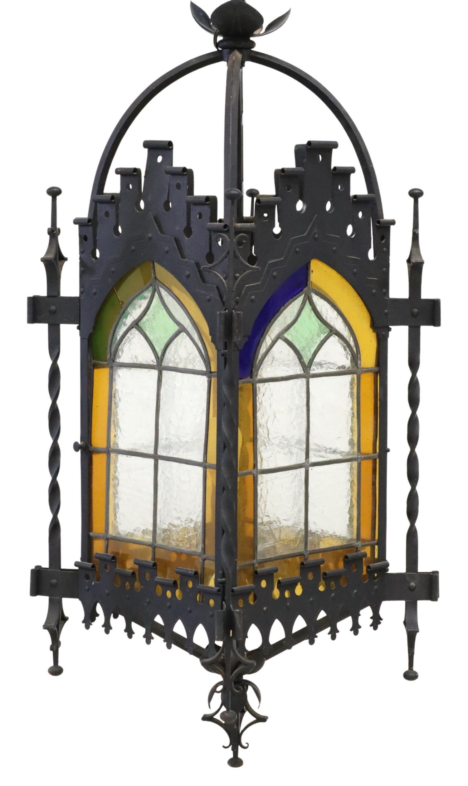 WROUGHT IRON & STAINED-GLASS HANGING HALL LANTERN (1 of 3)