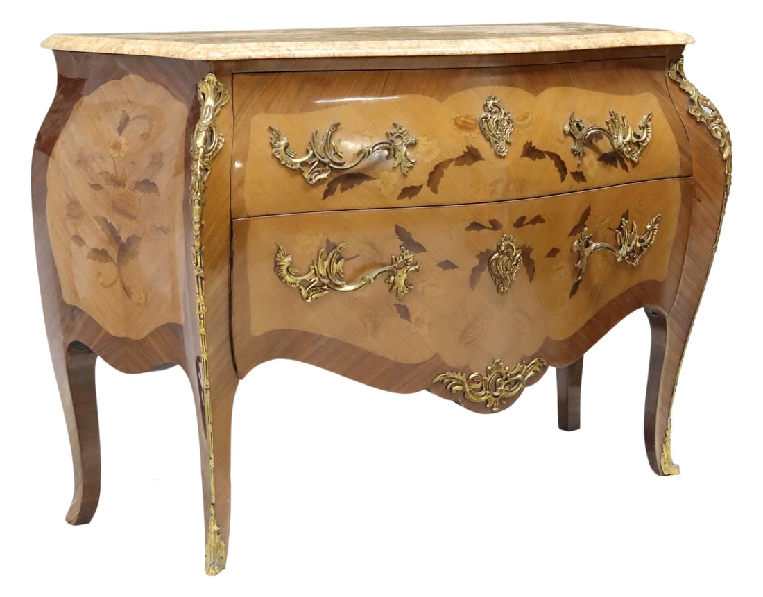FRENCH LOUIS XV STYLE MARQUETRY BOMBE COMMODE (1 of 5)