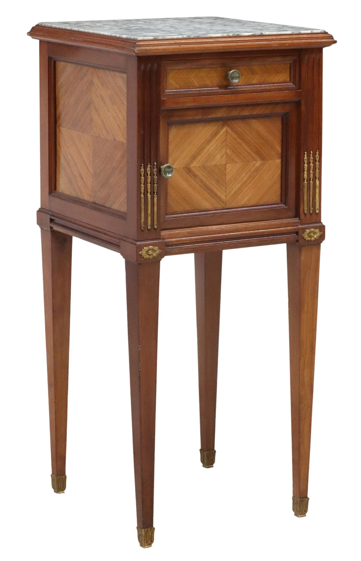 FRENCH LOUIS XVI STYLE MARBLE-TOP BEDSIDE CABINET: French Louis XVI style mahogany nightstand, early 20th c., inset marble top, drawer over cabinet door, marble-lined interior, on tapering square legs, ormolu sabots, lock with patent mark, crossed key