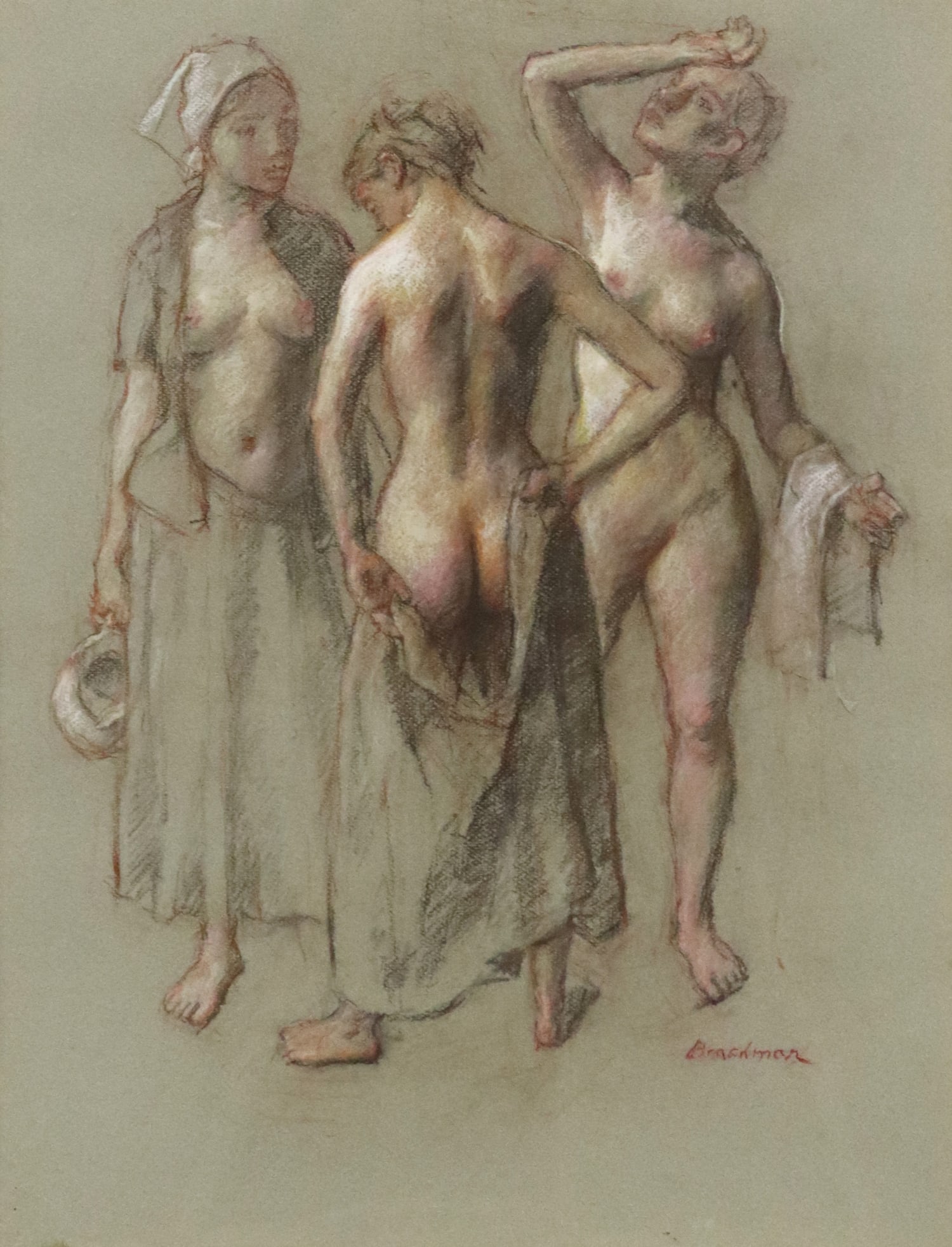 ROBERT BRACKMAN (1898-1980) PASTEL FIGURE STUDY: Framed pastel drawing on toned paper, Three Female Nudes, signed lower right Brackman (Robert Brackman, American, 1898-1980), sight: approx 24.25"h, 18.25"w, overall: 34.5"h, 28.5"w, 12.5lbs Start Pri