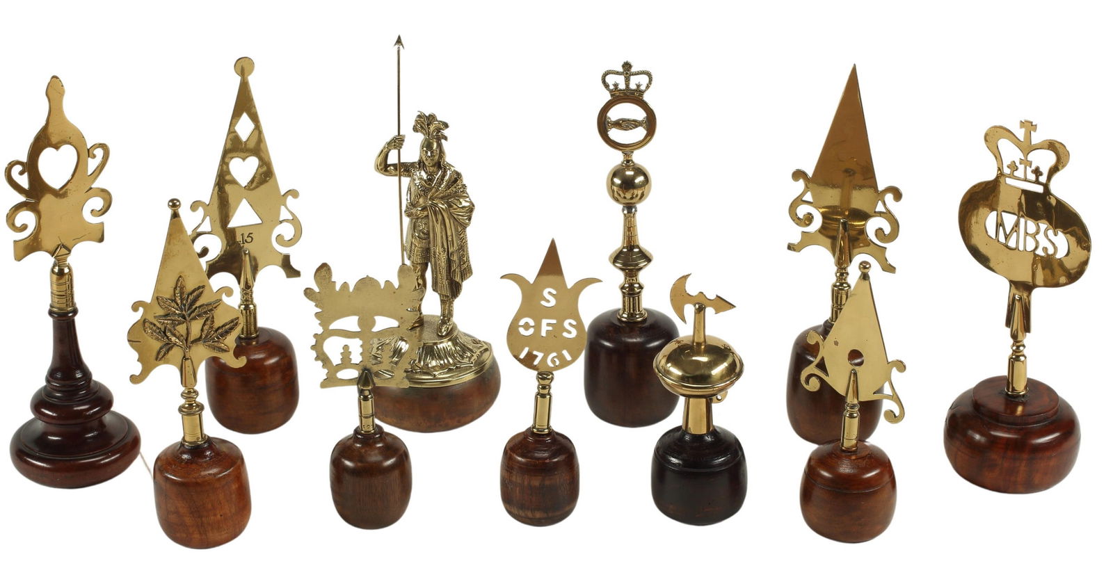 (11) BRITISH FRIENDLY SOCIETIES BRASS POLEHEADS: (lot of 11) British friendly society brass staff poleheads/ processional standard finials, largest: approx 15"h, 5"diam, 16.5lbs total Start Price: $350.00 **NOTE: ALL JEWELRY LOTS REALIZING OVER $1,0