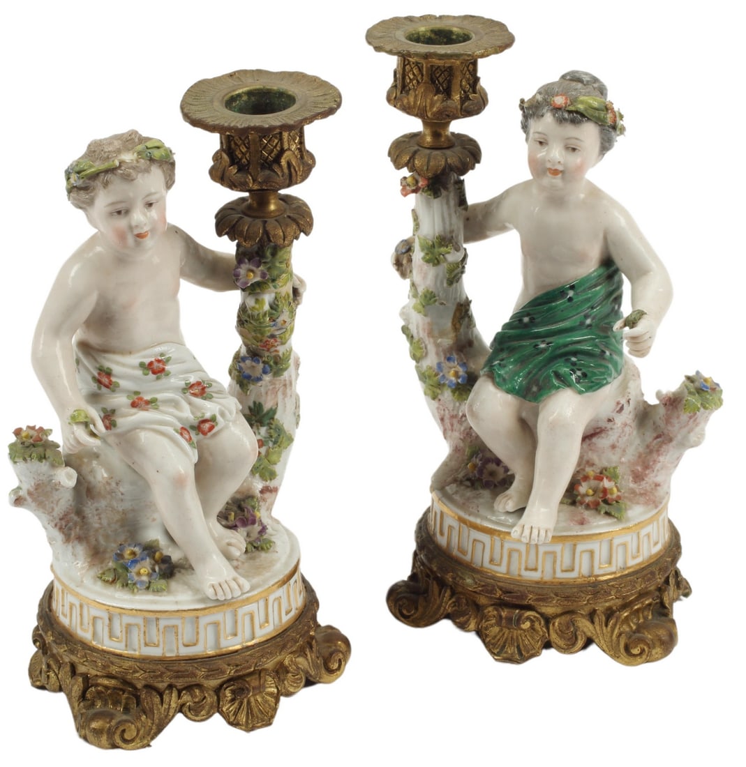 (2) GERMAN BRONZE-MOUNTED PORCELAIN CANDLESTICKS (1 of 6)