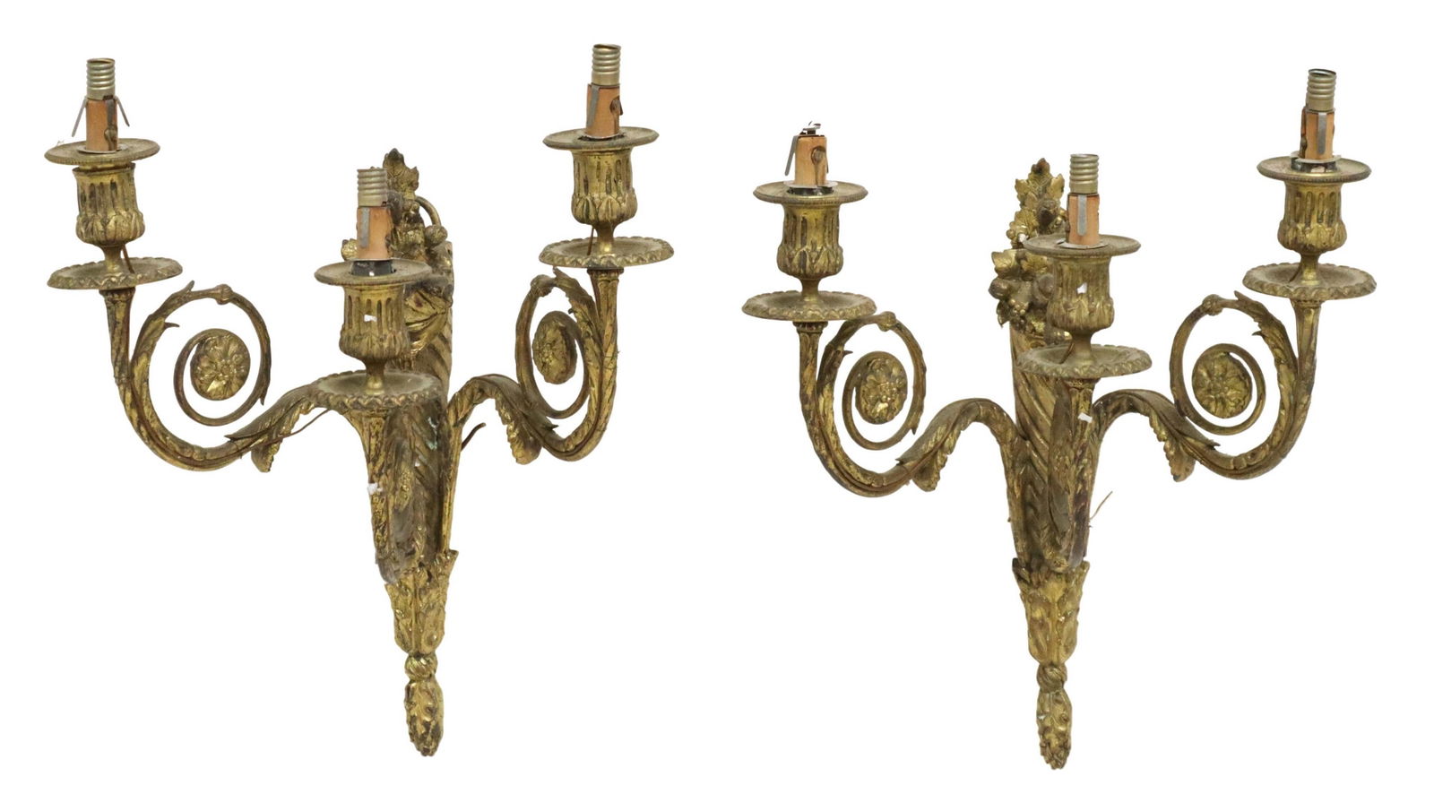 2) LOUIS XVI STYLE GILT BRONZE THREE-LIGHT SCONCES (1 of 2)
