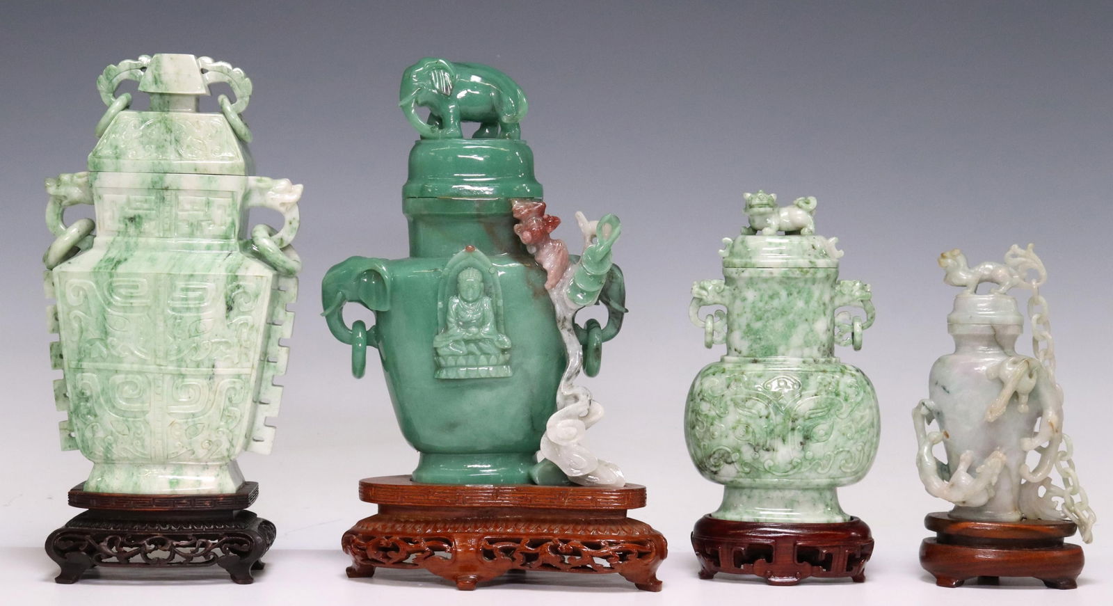 (4) CHINESE CARVED GREEN HARDSTONE URNS ON BASES (1 of 6)