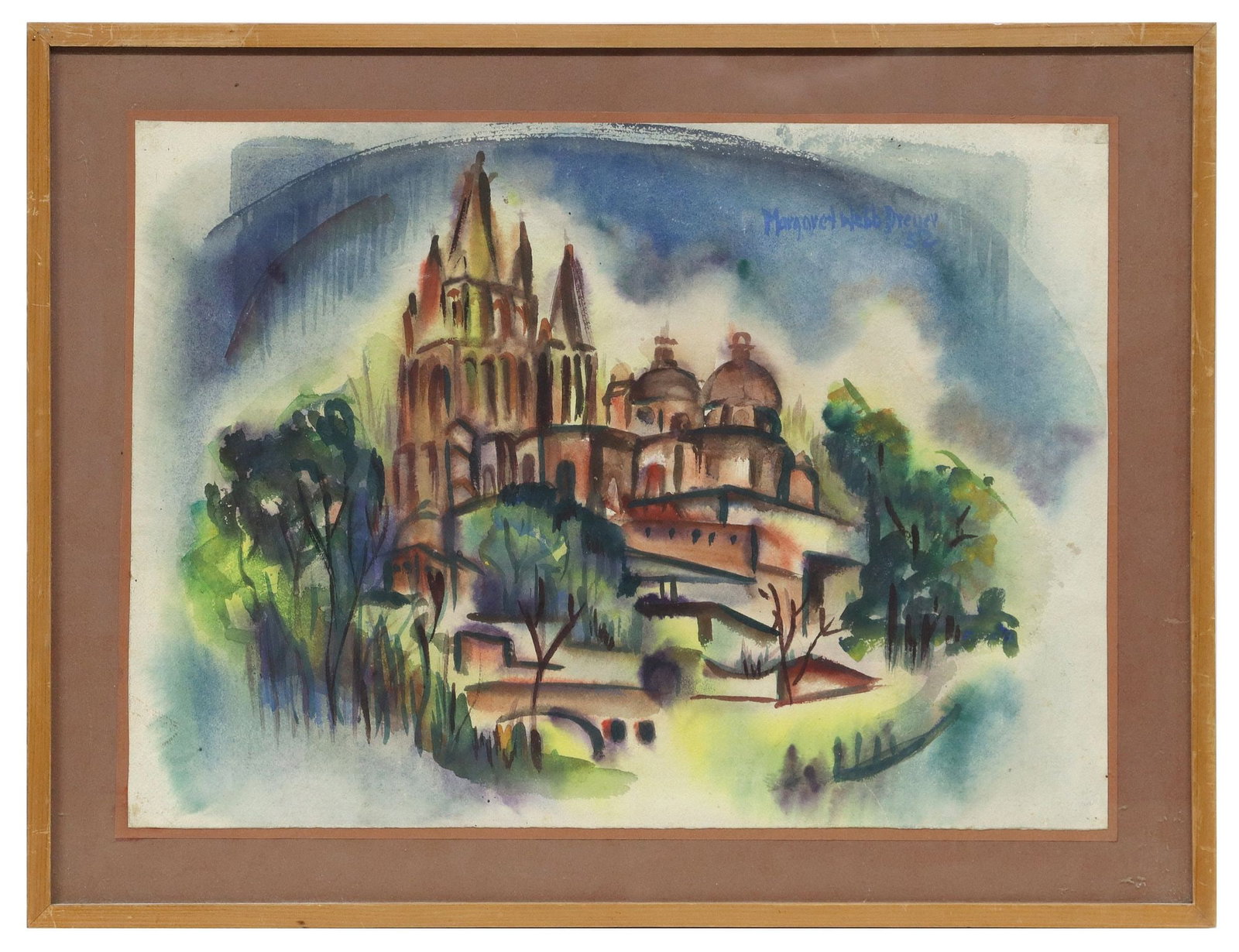 MARGARET WEBB DREYER, LANDSCAPE & CHURCH:  Framed watercolor on paper, Landscape and Church, signed upper right and dated {19} 52, Margaret Webb Dreyer (Dreyer Galleries, Houston, Texas, b.1911-d.1976), sight 14.5"h,