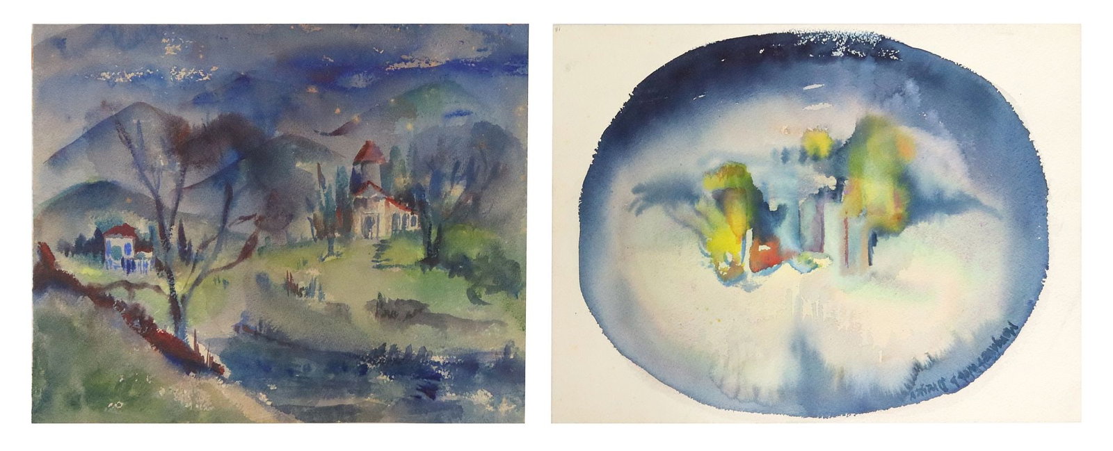 (2) MARGARET WEBB DREYER, ABSTRACT WATERCOLORS: (lot of 2) Unframed watercolors on paper by Margaret Webb Dreyer (Dreyer Galleries, Houston, Texas, b.1911-d.1976): (1) an oval or round abstract, signed at upper right, sight 11.75"h, 14.25"