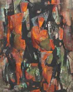 CHARLES RAGLAND BUNNELL (D.1968) ABSTRACT PAINTING: Framed oil painting, Abstract Composition, signed lower right Bunnell (Charles Ragland Bunnell, American, 1897-1968), dated [19]57, canvas bubbled with loss along edges and at corners, possible small