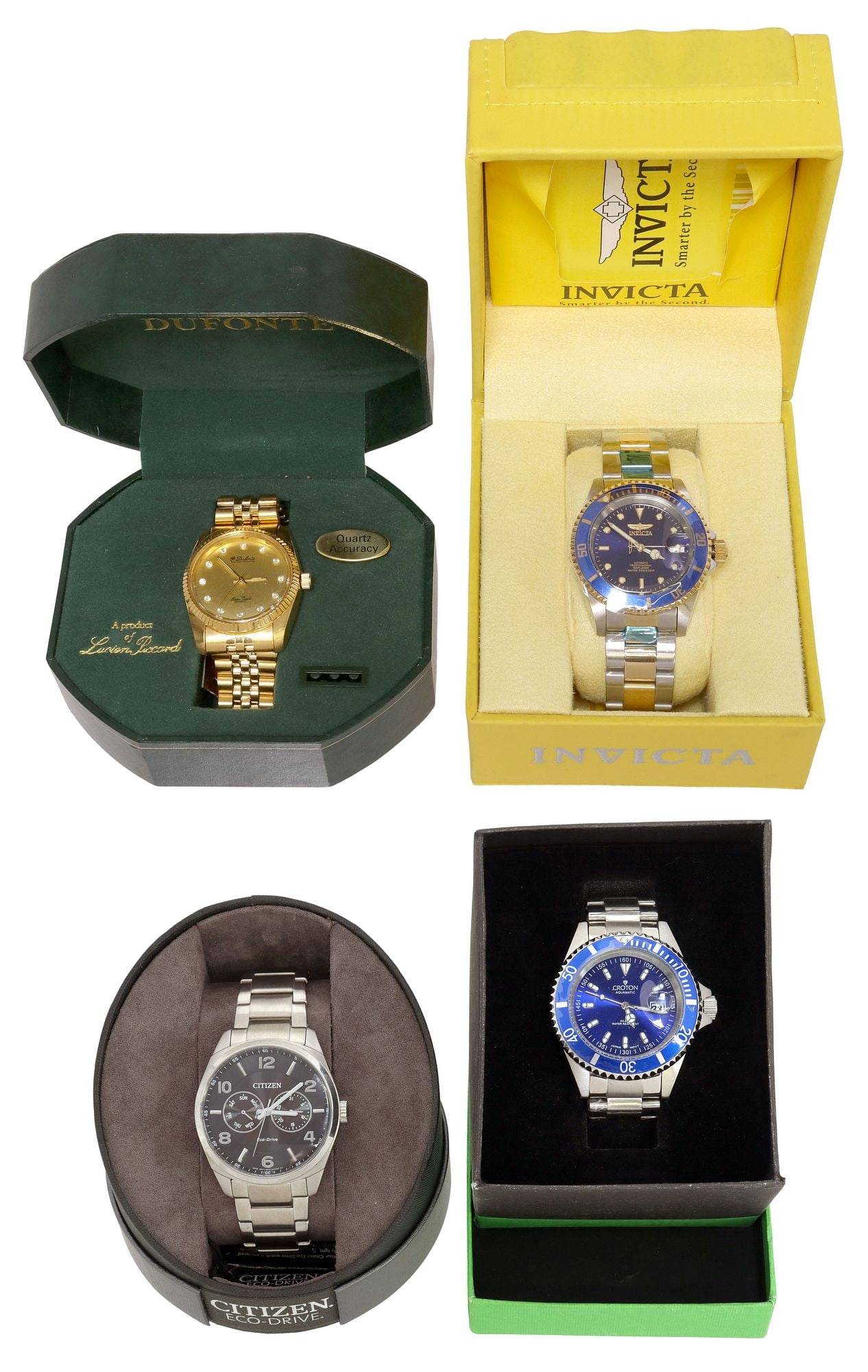(4) GENT'S WRISTWATCHES INCLUDING INVICTA, CROTON, CITIZEN & DUFONTE: (lot of 4) Gent's wristwatches, all housed in branded boxes, observed operating, including: (1) Invicta automatic watch, two-tone stainless steel case, blue dial with luminous hands and indexes, d