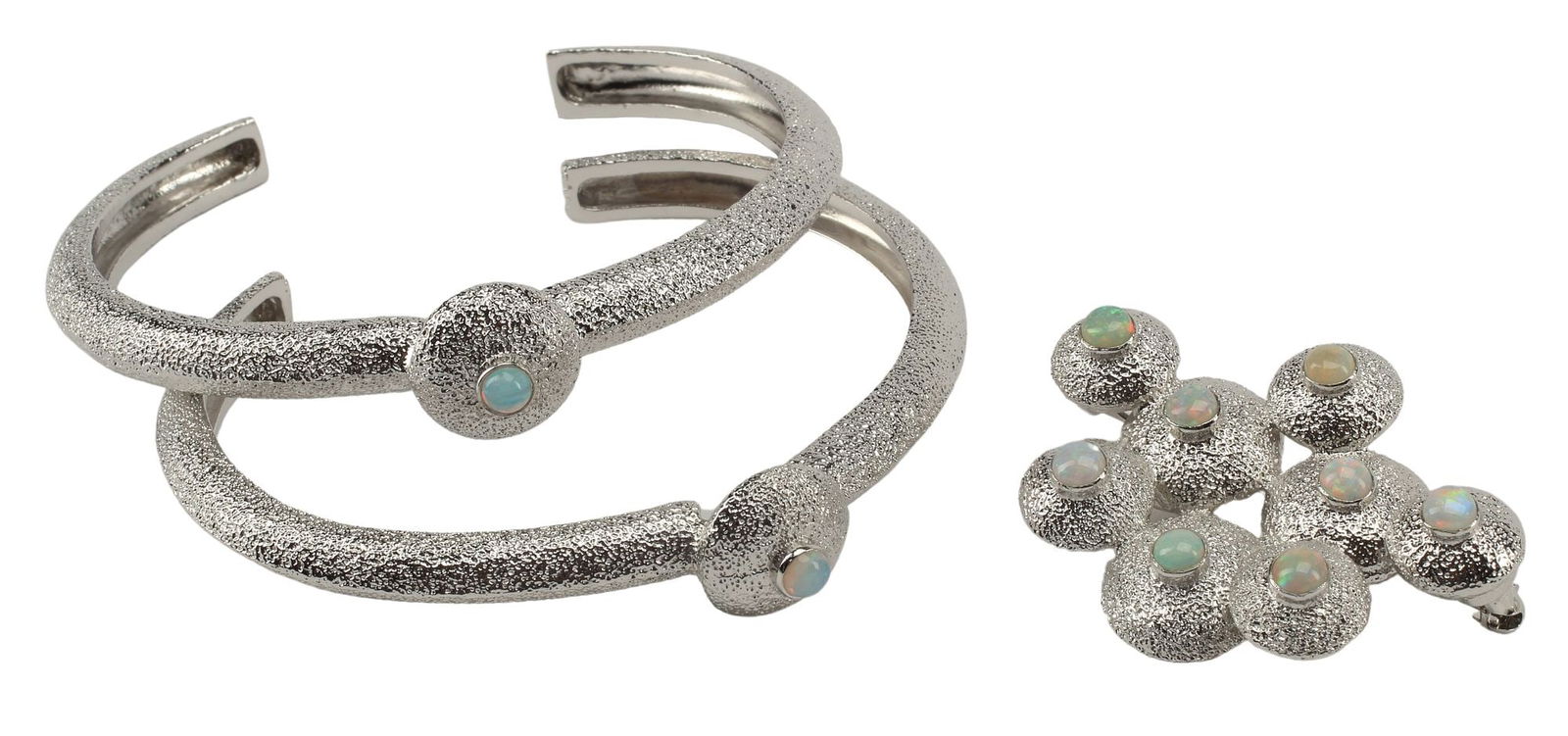 (3) MIGNON FAGET (B.1933) TEXTURED STERLING & OPAL CUFFS & BROOCH: (lot of 3) Estate textured sterling silver and opal jewelry suite, Mignon Faget (New Orleans, Louisiana, b.1933), including: (2) cuff bracelets, interior: approx 5.75"l, gap: approx 1"w