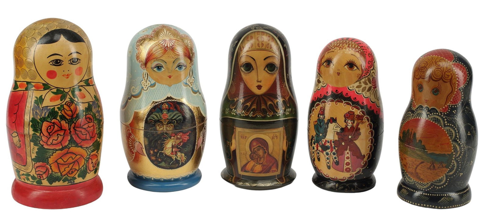 (5 SETS) RUSSIAN MATRYOSHKA NESTING DOLLS: (lot of 5 sets) Russian Matryoshka nesting dolls, (three sets) signed and dated 1991, largest: approx 10.5"h, 4.5"diam; 8lbs total