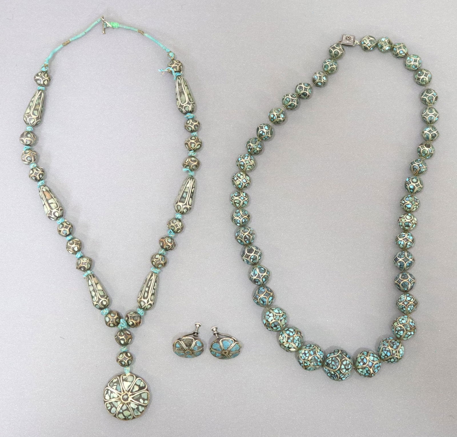 (3) SILVER & TURQUOISE INLAY BEADED NECKLACES & EARRINGS (1 of 5)
