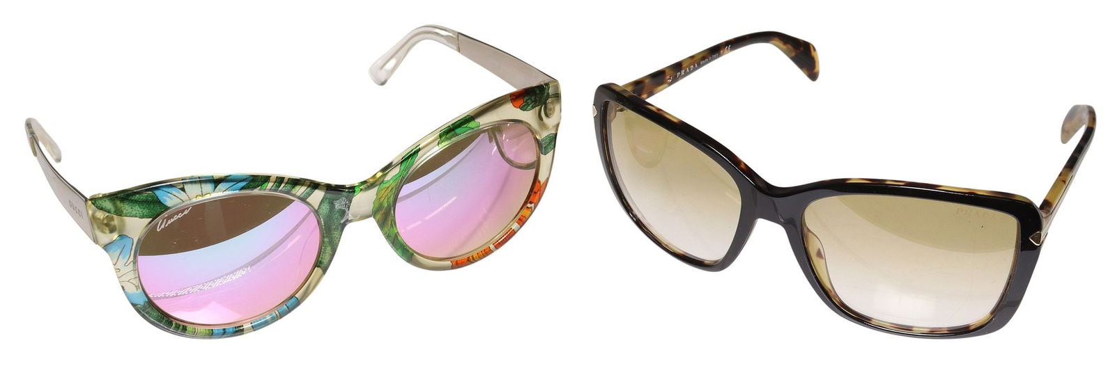 (2) DESIGNER PRADA & GUCCI CAT EYE SUNGLASSES: (lot of 2) Designer sunglasses, including: (1) Prada, dark brown tortoise shell pattern, inside temple marked SPR 14P 59 18 NAI-9S1 135 1N, accompanied by branded box, (1) Gucci, multicolor flora