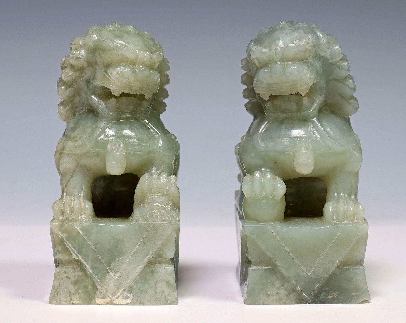 (2) CHINESE CARVED GREEN HARDSTONE FOO LION FIGURES (1 of 4)