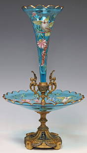 VICTORIAN GILT-METAL & ENAMELED BOHEMIAN BLUE GLASS EPERGNE: Victorian gilt metal epergne, Bohemian blue glass flute and dish with scalloped edges, decorated with cockatiels perched on floral branches hand-painted in colored enamels, approx 17"h, 10"diam,