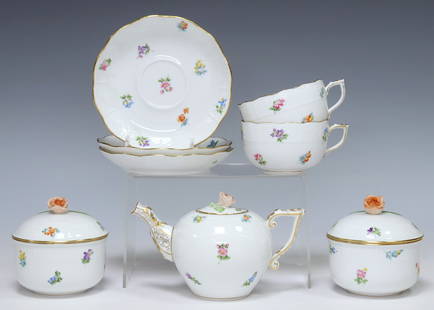 (8) HEREND 'KIMBERLY' PORCELAIN PARTIAL TEA SERVICE: (lot of 8) Herend porcelain partial tea service, in the "Kimberly" pattern, each having parcel gilt trim and hand-painted floral motifs, with maker's mark underfoot, including: (1)