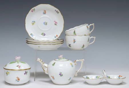 (9) HEREND 'KIMBERLY' PORCELAIN PARTIAL TEA SERVICE: (lot of 9) Herend porcelain partial tea service, in the "Kimberly" pattern, each having parcel gilt trim and hand-painted floral motifs, with maker's mark underfoot, including: (1)