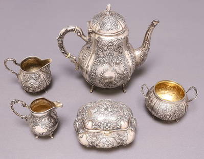 (5) GERMAN ROCOCO REVIVAL 800 SILVER TEA SERVICE ARTICLES: (lot of 5) German 800 silver tea service articles, similarly styled in the Rococo taste, including: (1) tea or coffee pot, approx 7.25&quot;h, (1) sugar casket, marked EfeS (?), approx 3 1/8&quot;h, 4