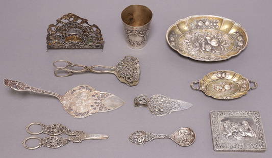 (10) GERMAN ROCOCO REVIVAL .800 & .835 SILVER TABLE ARTICLES: (lot of 10) German .800 and .835 silver table articles, many pieces in the Rococo taste, highlights include: (1) cigarette or card case, hinged lid with repousse putti, gilt-washed interior, approx 3