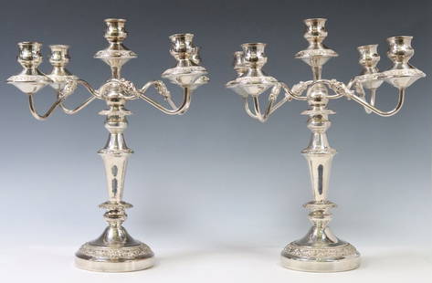 (PAIR) AMERICAN SILVERPLATE FIVE-LIGHT CANDELABRA: (pair) American silverplate candelabra, Birmingham Silver Company, Brooklyn, New York, four candle branches and a raised cup at central stem, rising on a circular base, approx 17.75&quot;h, 17.25&quot