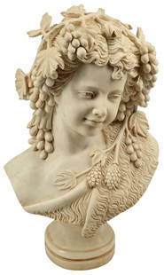 MARBLE BUST OF A BACCHANTE: Marble sculpture, Bust of a Bacchante, approx 27"h, 16"w, 11"d, 150lbs