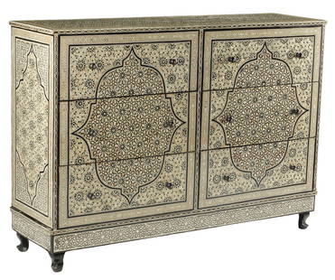 MOORISH STYLE SHELL-INLAID CHEST OF DRAWERS: Moorish style shell-inlaid chest of drawers, fitted with six drawers, on short cabriole legs, approx 40"h, 56"w, 16.5"d