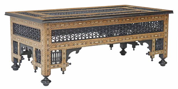 MOORISH STYLE MOSAIC INLAID COFFEE TABLE: Moorish style mosaic inlaid coffee table, approx 18.5"h, 47.5"w, 25"d