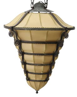 FRENCH ART DECO WROUGHT IRON & SILK PENDANT LIGHT: French Art Deco wrought iron and other metal pendant light, c.1930s, tapering six-tier frame, silk lined with velvet trim, enclosing a single interior light, in need of wiring, approx 47.5&quot;l, 22.