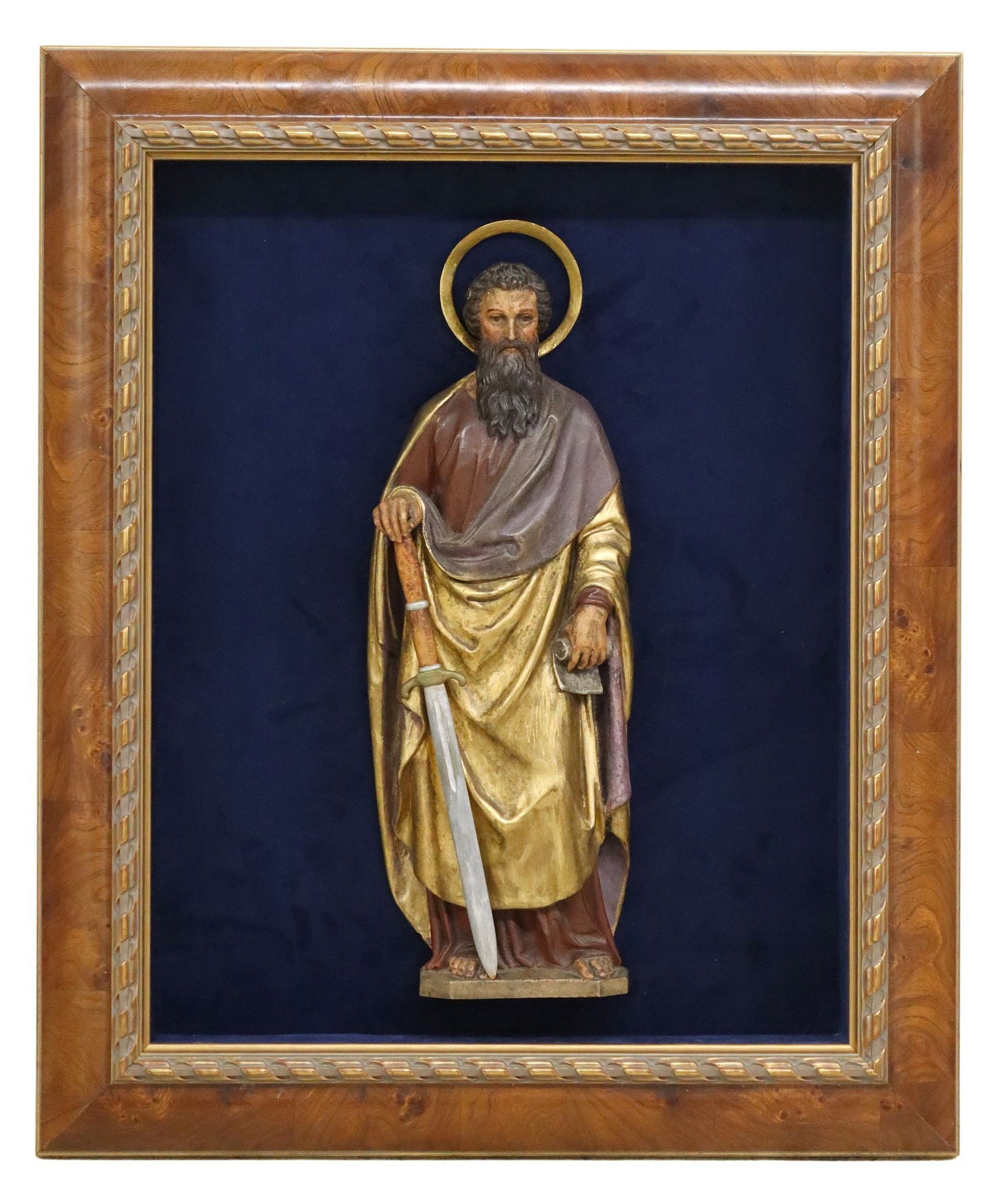 CONTINENTAL CARVED & PAINTED FIGURE SAINT PAUL IN SHADOWBOX FRAME (1 of 3)