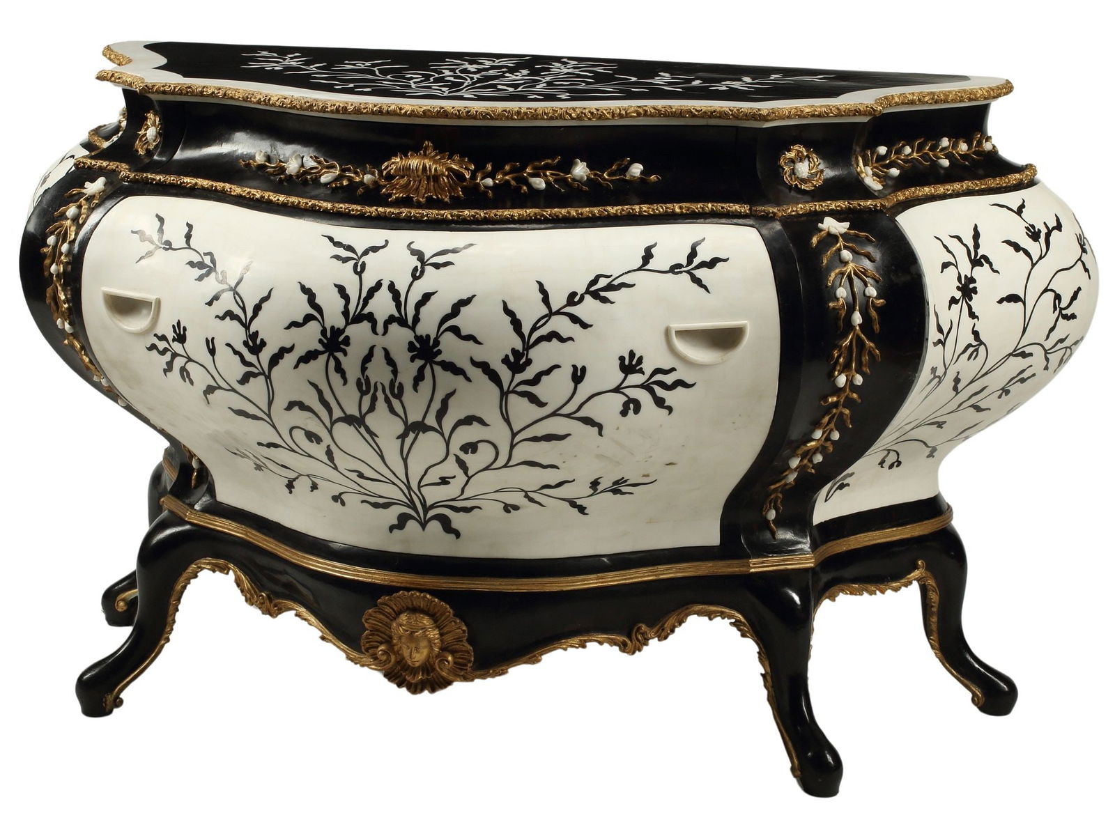 LOUIS XV STYLE PARCEL GILT MARBLE-TILED COMMODE: Louis XV style parcel gilt marble tiled commode, fitted with a single drawer, restorations to marble, some small losses, repairs, approx 34.5"h, 61"w, 31"d