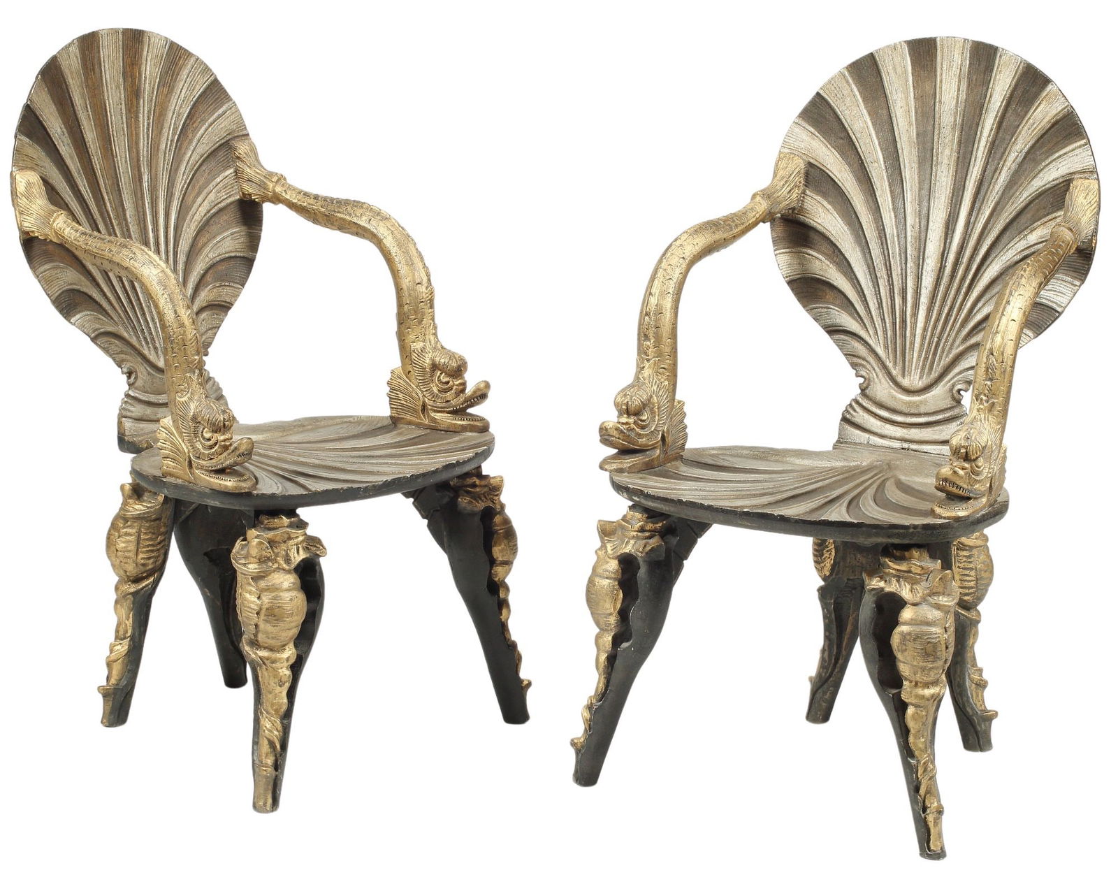 (2) GROTTO STYLE SILVER & GOLD GILT SHELL-FORM ARMCHAIRS (1 of 5)