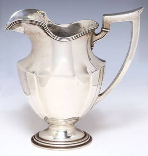 AMERICAN GORHAM 'PLYMOUTH' STERLING SILVER WATER PITCHER: American sterling silver water pitcher, Gorham, in the &quot;Plymouth&quot; pattern, helmet-form with bracket handle, on a&nbsp;stepped oval foot, 3 3/8 pint capacity, model A2788, slight denting at s