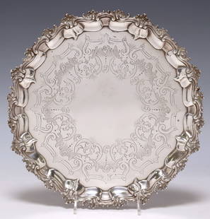 ENGLISH VICTORIAN STERLING SILVER SALVER/ ROUND TRAY: English Victorian sterling silver salver, Savory &amp; Sons/ Goldsmiths Alliance Ltd., c.1879, London hallmarks,&nbsp;rim with rocaille and c-scrolls, on three cast&nbsp;feet with shell details, appro