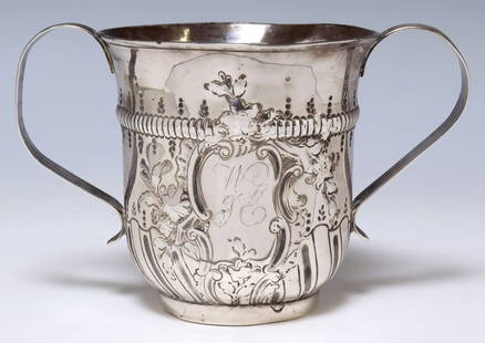 ENGLISH GEORGE III STERLING SILVER TWO-HANDLED CUP, C.1771: English George III sterling silver twin-handled cup, maker's mark J.D, c.1771, London hallmarks, inverted bell-form with applied reeded strap handles, rocaille cartouche with engraved monogram, ab