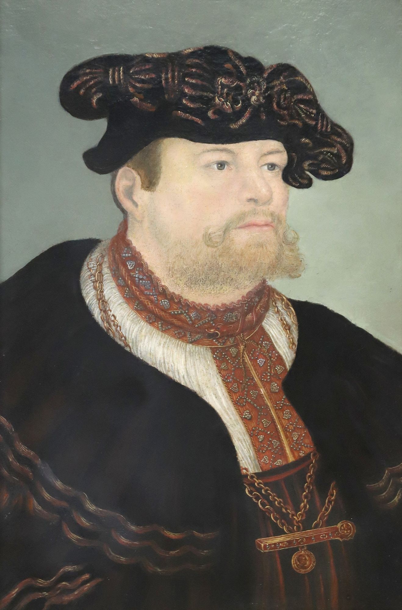 AFTER LUCAS CRANACH THE ELDER PORTRAIT OF CHANCELLOR GREGOR BRUCK: Framed oil on canvas painting, Portrait of the Chancellor Gregor Bruck (1485-1557), after Lucas Cranach the Elder (German, 1472-1553), sight: approx 23.25"h, 15.5"w, overall: 30.75"h, 2