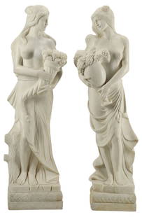 (2) LIFE-SIZE CARVED MARBLE SCULPTURES CLASSICAL MAIDENS, 70"H: (pair) Life-size carved marble sculptures, Classical Maidens, (1) with cornucopia of flowers, (1) with grapes, approx 70"h, 23"w 13"d