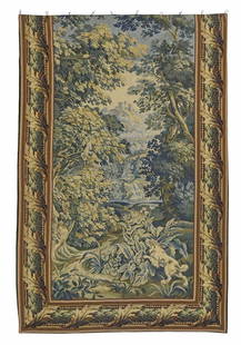 FRENCH WOVEN VERDURE WOODED LANDSCAPE TAPESTRY: French woven verdure tapestry, 20th c., wooded lake landscape with waterfall and castle visible in the distance, foreground with&nbsp;hunting dog pursuing a&nbsp;bird perched in overhead tree, lined w