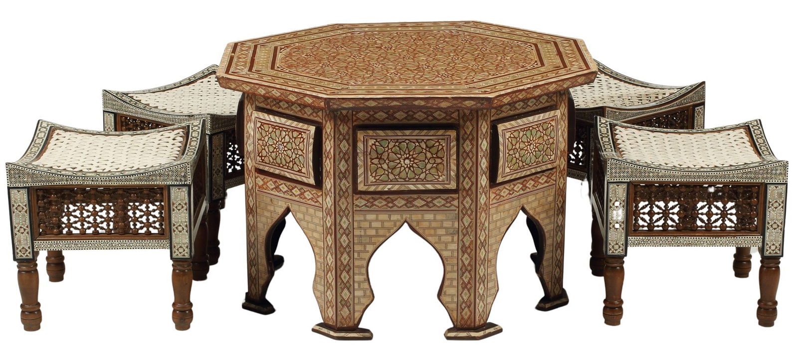 (5) MOORISH STYLE INLAID LOW TABLE & STOOLS (1 of 5)