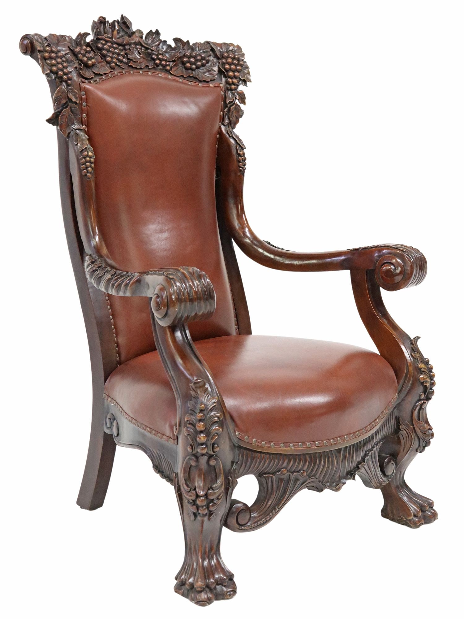OVERSIZED CARVED MAHOGANY LEATHER UPHOLSTERED ARMCHAIR (1 of 4)