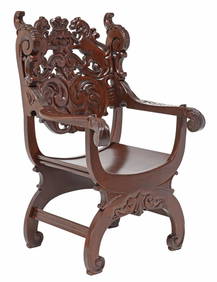R.J. HORNER (ATTRIB.) RENAISSANCE STYLE CARVED MAHOGANY CURULE CHAIR (1 of 4)